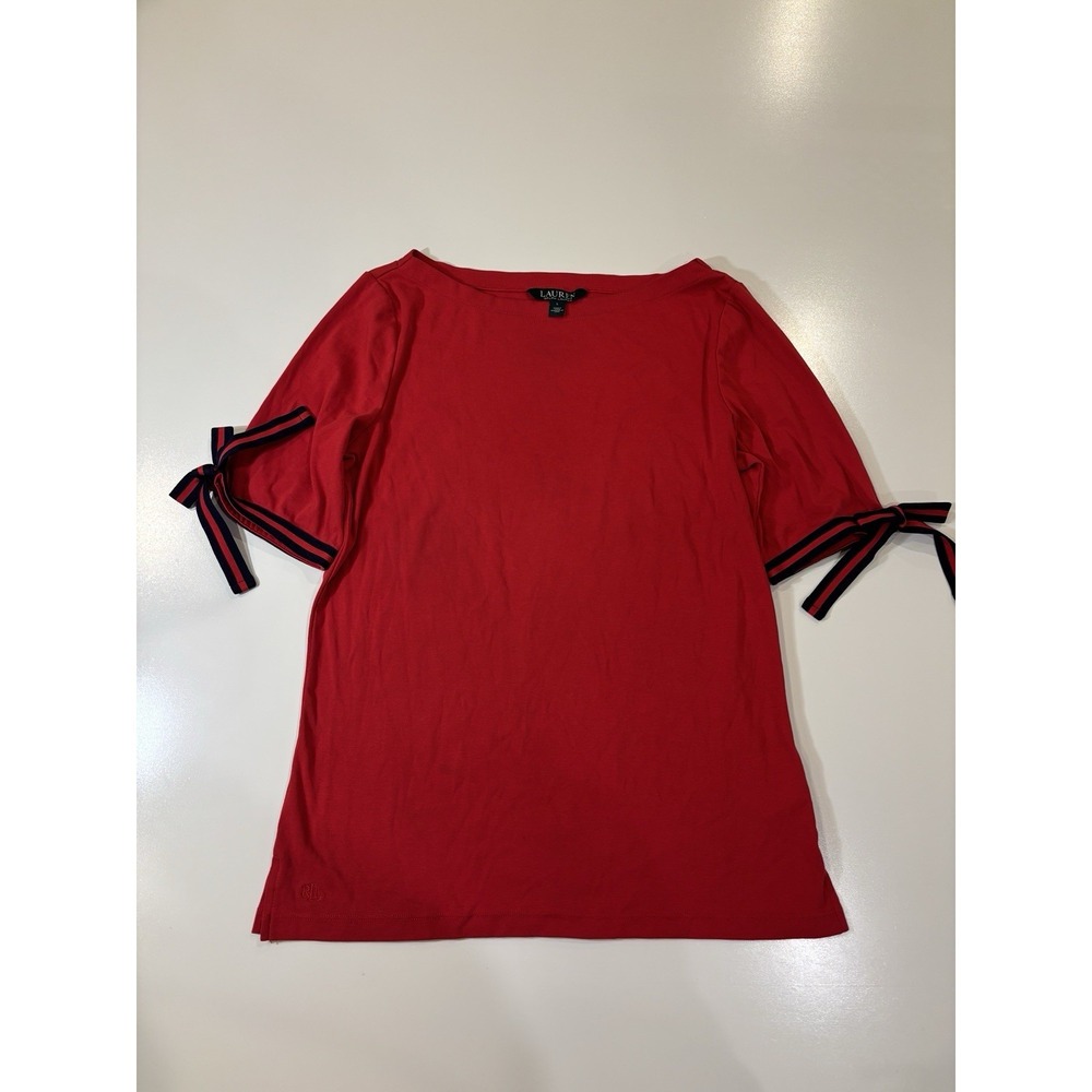 Ralph Lauren Women's L Red Cotton Blend Nautical T Shirt With Ribbon Detail